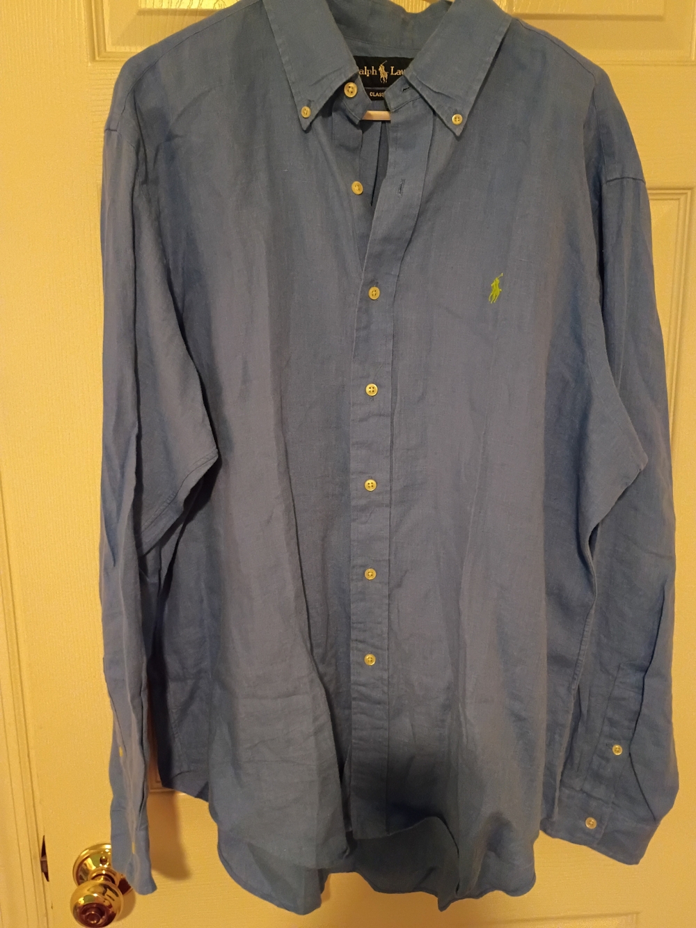 Polo by Ralph Lauren Blue Linen Shirt w Lime Pony XL EUC